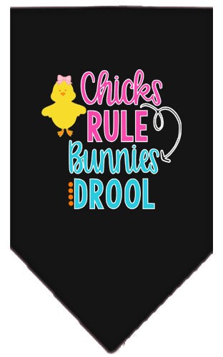 A colorful pet bandana featuring the phrase 'Chicks Rule, Bunnies Drool', designed for dogs, showcasing a fun and stylish look.