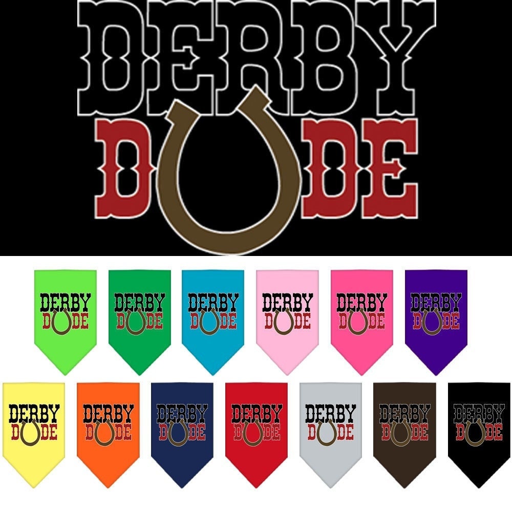 A stylish dog bandana featuring the 'Derby Dude' design, available in small and large sizes, perfect for any dog breed.