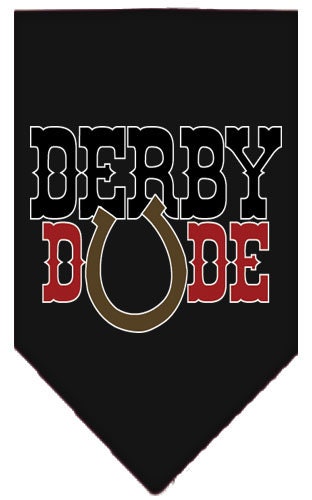 A stylish dog bandana featuring the 'Derby Dude' design, available in small and large sizes, perfect for any dog breed.