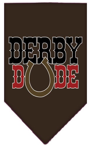 A stylish dog bandana featuring the 'Derby Dude' design, available in small and large sizes, perfect for any dog breed.