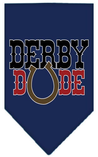A stylish dog bandana featuring the 'Derby Dude' design, available in small and large sizes, perfect for any dog breed.