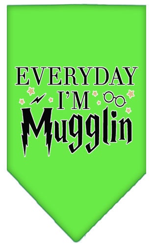 A stylish pet bandana featuring the phrase 'Everyday I'm Mugglin', designed for dogs, available in small and large sizes.