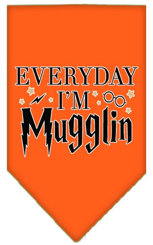 A stylish pet bandana featuring the phrase 'Everyday I'm Mugglin', designed for dogs, available in small and large sizes.
