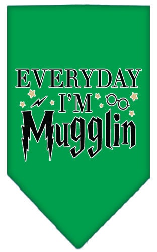 A stylish pet bandana featuring the phrase 'Everyday I'm Mugglin', designed for dogs, available in small and large sizes.