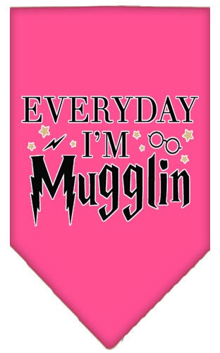 A stylish pet bandana featuring the phrase 'Everyday I'm Mugglin', designed for dogs, available in small and large sizes.