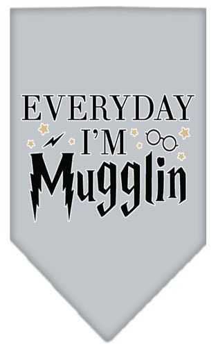 A stylish pet bandana featuring the phrase 'Everyday I'm Mugglin', designed for dogs, available in small and large sizes.
