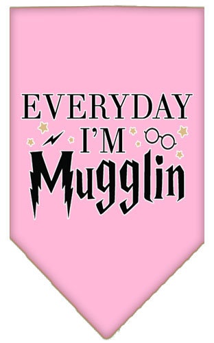 A stylish pet bandana featuring the phrase 'Everyday I'm Mugglin', designed for dogs, available in small and large sizes.