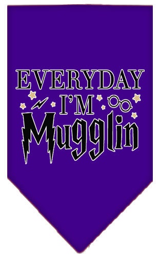 A stylish pet bandana featuring the phrase 'Everyday I'm Mugglin', designed for dogs, available in small and large sizes.