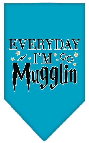 A stylish pet bandana featuring the phrase 'Everyday I'm Mugglin', designed for dogs, available in small and large sizes.