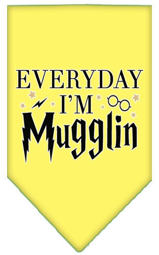 A stylish pet bandana featuring the phrase 'Everyday I'm Mugglin', designed for dogs, available in small and large sizes.
