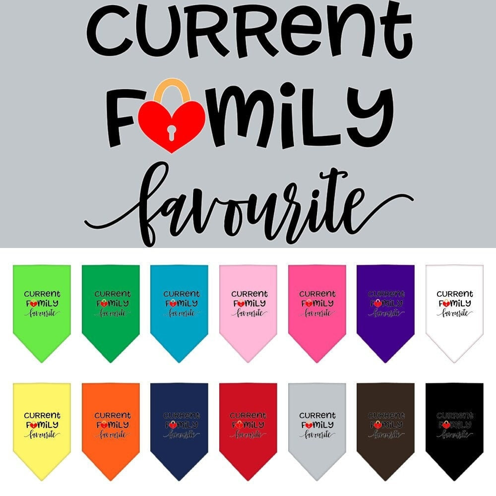 A stylish pet and dog bandana featuring the phrase 'Family Favorite', designed for comfort and easy tie-on use.