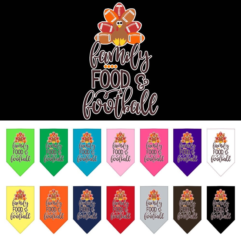 A stylish pet bandana featuring the phrase 'Family, Food, & Football', designed for dogs, available in small and large sizes.