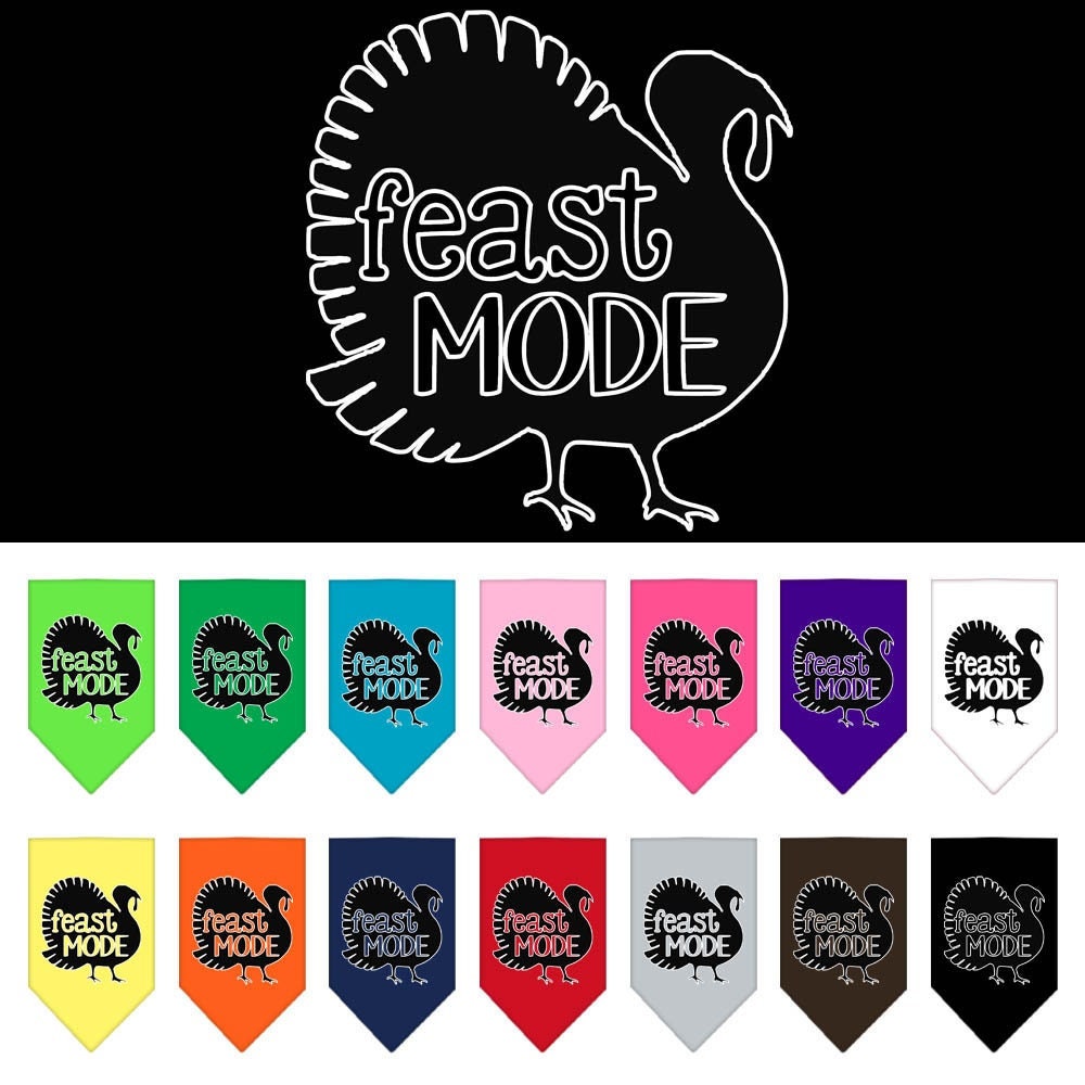 A stylish pet bandana featuring the phrase 'Feast Mode', designed for dogs of all sizes with a tie-on style.