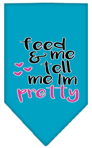 A stylish pet bandana featuring the phrase 'Feed Me & Tell Me I'm Pretty', available in two sizes for dogs.