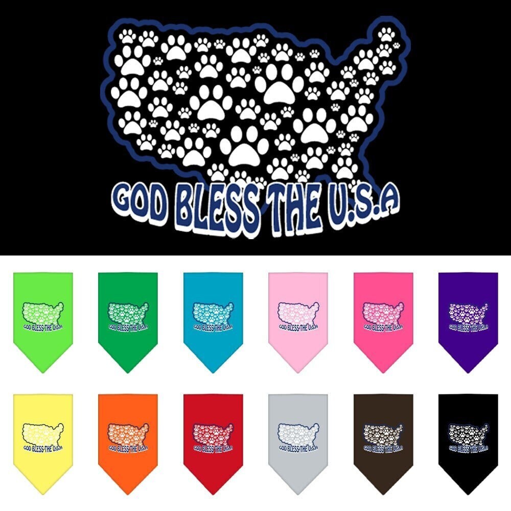 A stylish pet bandana featuring the text 'God Bless The USA', designed for dogs, available in small and large sizes.