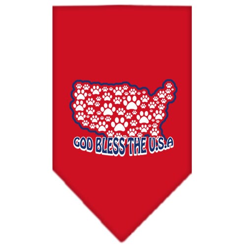 A stylish pet bandana featuring the text 'God Bless The USA', designed for dogs, available in small and large sizes.
