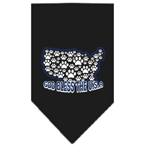A stylish pet bandana featuring the text 'God Bless The USA', designed for dogs, available in small and large sizes.