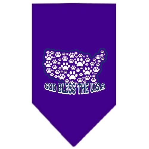 A stylish pet bandana featuring the text 'God Bless The USA', designed for dogs, available in small and large sizes.