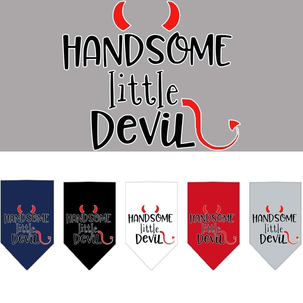 A stylish pet bandana featuring the phrase 'Handsome Little Devil', designed for tie-on use without buckles, available in small and large sizes.