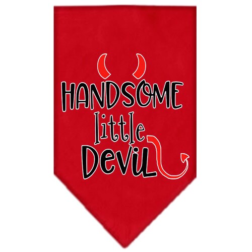 A stylish pet bandana featuring the phrase 'Handsome Little Devil', designed for tie-on use without buckles, available in small and large sizes.