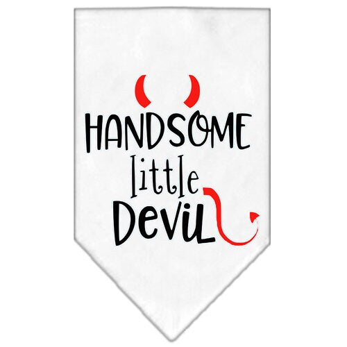 A stylish pet bandana featuring the phrase 'Handsome Little Devil', designed for tie-on use without buckles, available in small and large sizes.