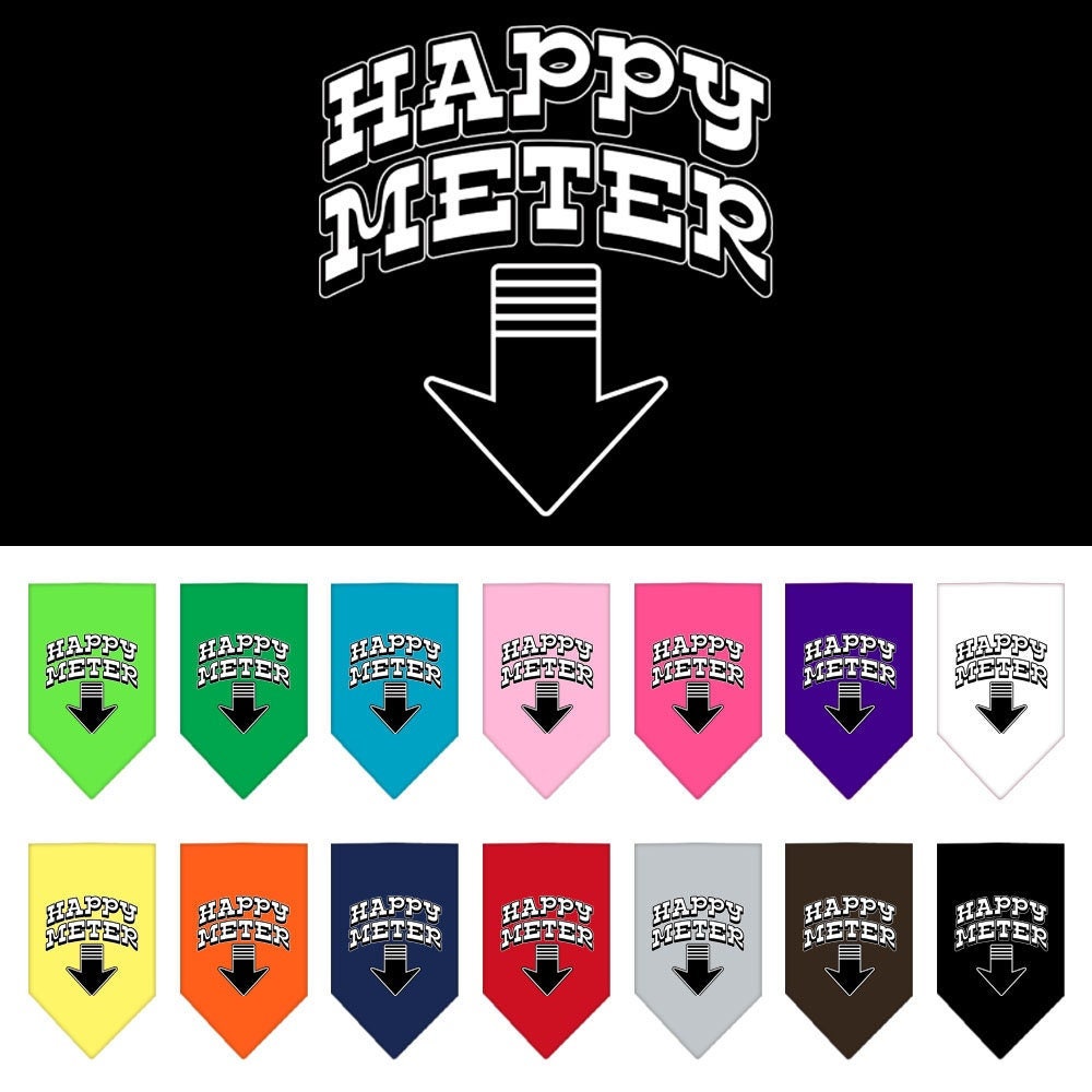A colorful dog bandana featuring the screen-printed design 'Happy Meter', showcasing a playful and stylish accessory for pets.
