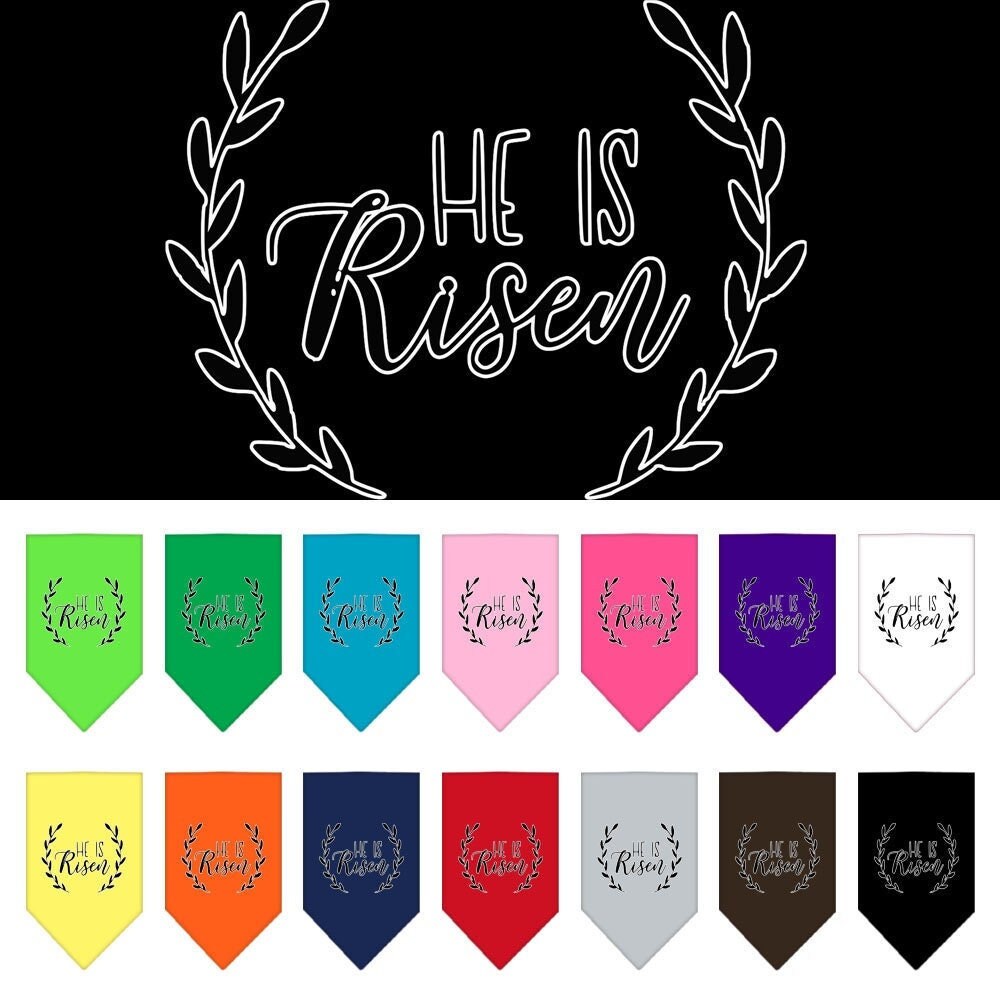 A stylish dog bandana featuring the phrase 'He Is Risen', perfect for Easter celebrations, available in small and large sizes.