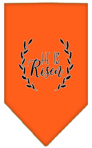 A stylish dog bandana featuring the phrase 'He Is Risen', perfect for Easter celebrations, available in small and large sizes.