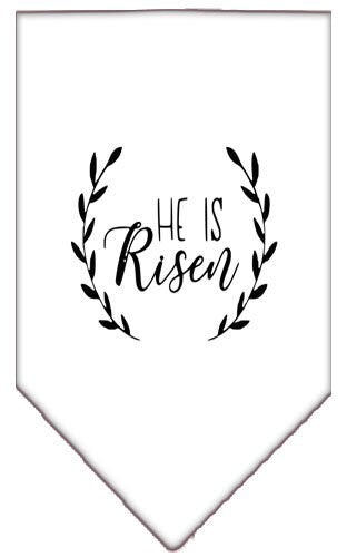 A stylish dog bandana featuring the phrase 'He Is Risen', perfect for Easter celebrations, available in small and large sizes.