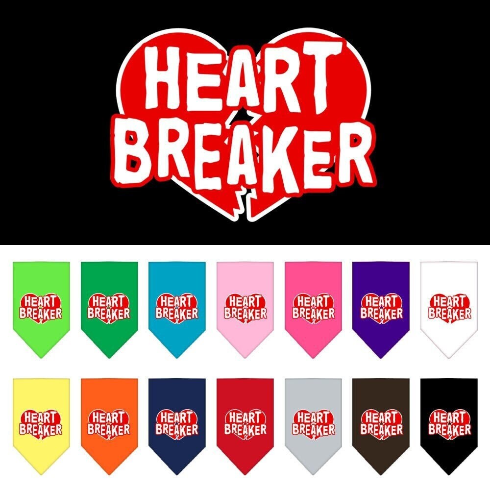 A stylish dog bandana featuring the phrase 'Heart Breaker', designed for tie-on use, available in small and large sizes.