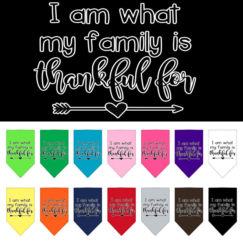 A stylish pet bandana featuring the phrase 'I Am What My Family Is Thankful For', designed for dogs of all sizes, showcasing a vibrant screen-printed design.