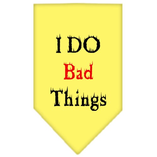 A stylish pet bandana featuring the phrase 'I Do Bad Things', designed for dogs, available in small and large sizes, made for tie-on use.