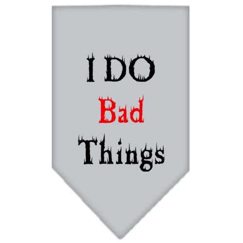 A stylish pet bandana featuring the phrase 'I Do Bad Things', designed for dogs, available in small and large sizes, made for tie-on use.