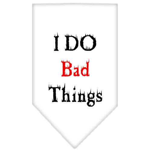 A stylish pet bandana featuring the phrase 'I Do Bad Things', designed for dogs, available in small and large sizes, made for tie-on use.