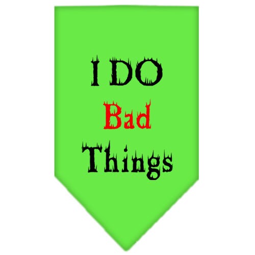 A stylish pet bandana featuring the phrase 'I Do Bad Things', designed for dogs, available in small and large sizes, made for tie-on use.