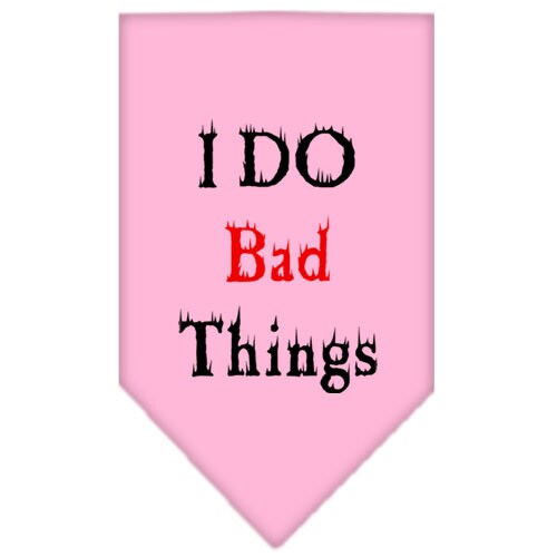 A stylish pet bandana featuring the phrase 'I Do Bad Things', designed for dogs, available in small and large sizes, made for tie-on use.