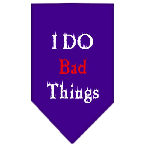 A stylish pet bandana featuring the phrase 'I Do Bad Things', designed for dogs, available in small and large sizes, made for tie-on use.