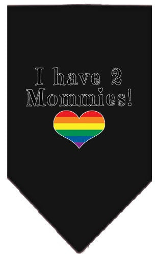 A stylish pet bandana featuring the phrase 'I Have 2 Mommies', designed for dogs, available in two sizes.