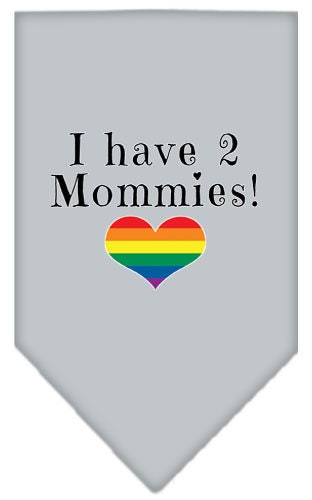 A stylish pet bandana featuring the phrase 'I Have 2 Mommies', designed for dogs, available in two sizes.