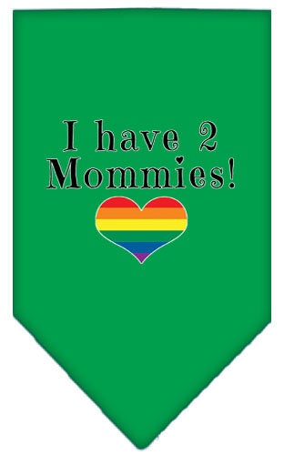 A stylish pet bandana featuring the phrase 'I Have 2 Mommies', designed for dogs, available in two sizes.