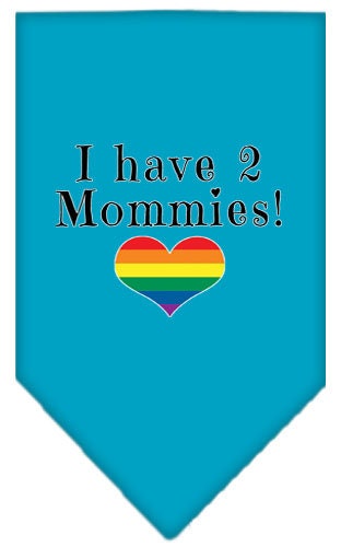 A stylish pet bandana featuring the phrase 'I Have 2 Mommies', designed for dogs, available in two sizes.