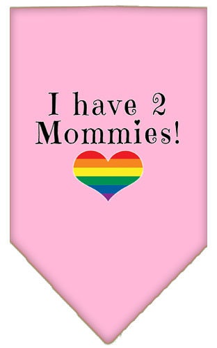 A stylish pet bandana featuring the phrase 'I Have 2 Mommies', designed for dogs, available in two sizes.