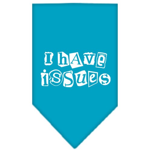 A colorful dog bandana featuring the phrase 'I Have Issues', designed for tie-on wear, suitable for small and large dogs.