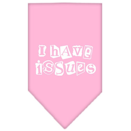 A colorful dog bandana featuring the phrase 'I Have Issues', designed for tie-on wear, suitable for small and large dogs.