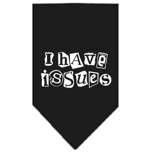A colorful dog bandana featuring the phrase 'I Have Issues', designed for tie-on wear, suitable for small and large dogs.