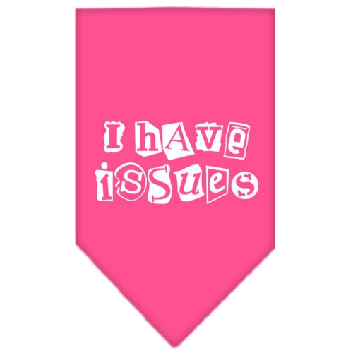 A colorful dog bandana featuring the phrase 'I Have Issues', designed for tie-on wear, suitable for small and large dogs.