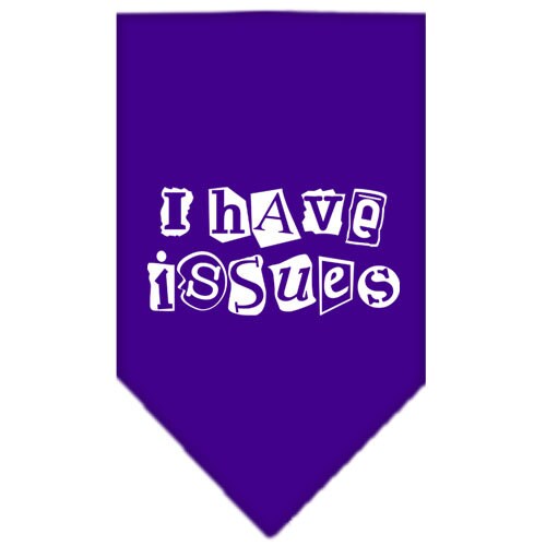 A colorful dog bandana featuring the phrase 'I Have Issues', designed for tie-on wear, suitable for small and large dogs.