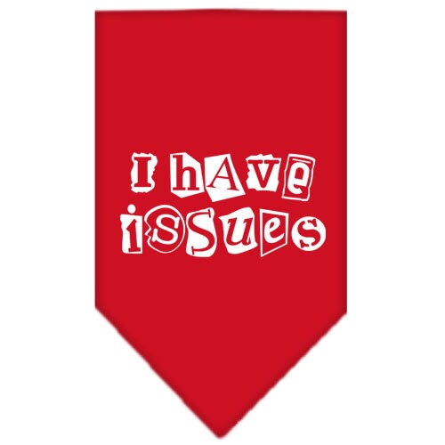 A colorful dog bandana featuring the phrase 'I Have Issues', designed for tie-on wear, suitable for small and large dogs.