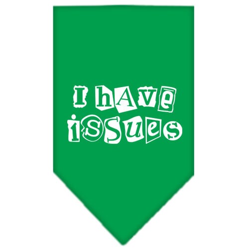 A colorful dog bandana featuring the phrase 'I Have Issues', designed for tie-on wear, suitable for small and large dogs.