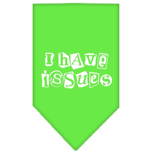 A colorful dog bandana featuring the phrase 'I Have Issues', designed for tie-on wear, suitable for small and large dogs.